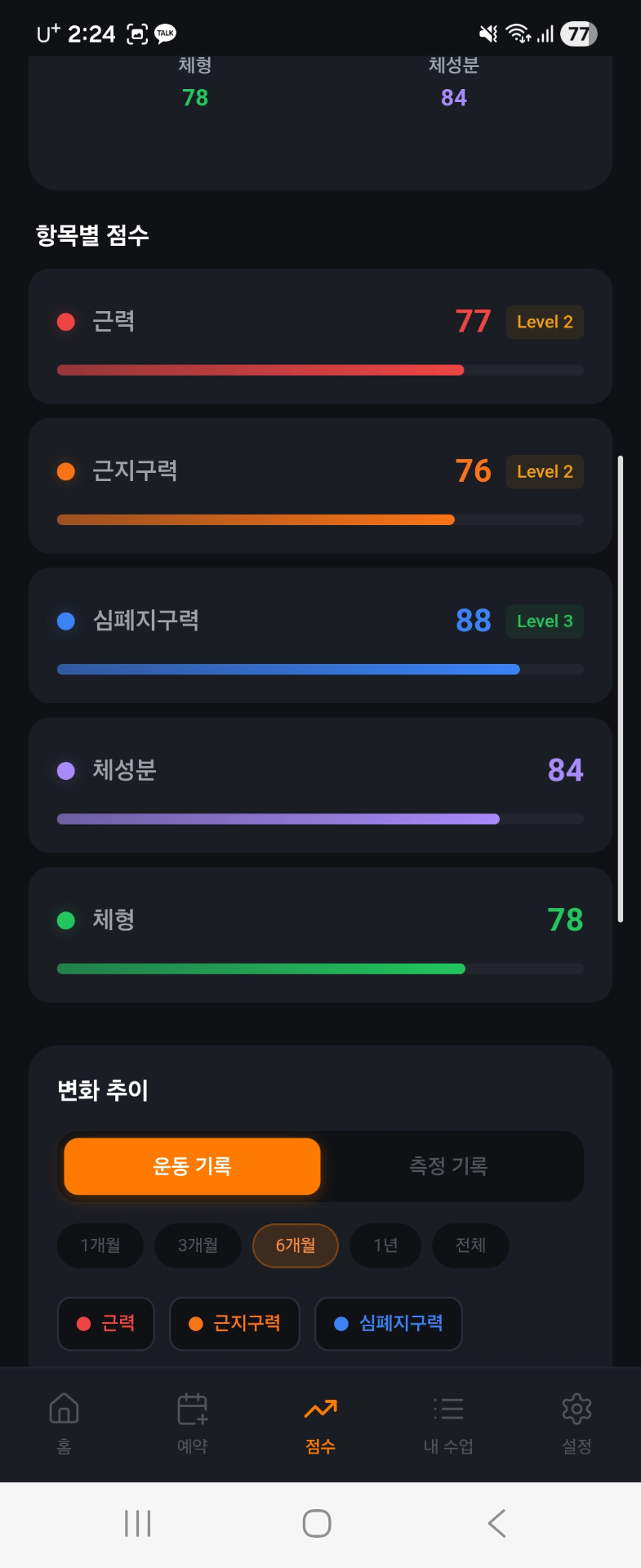 Insight FiT 앱 — 영역별 점수와 레벨